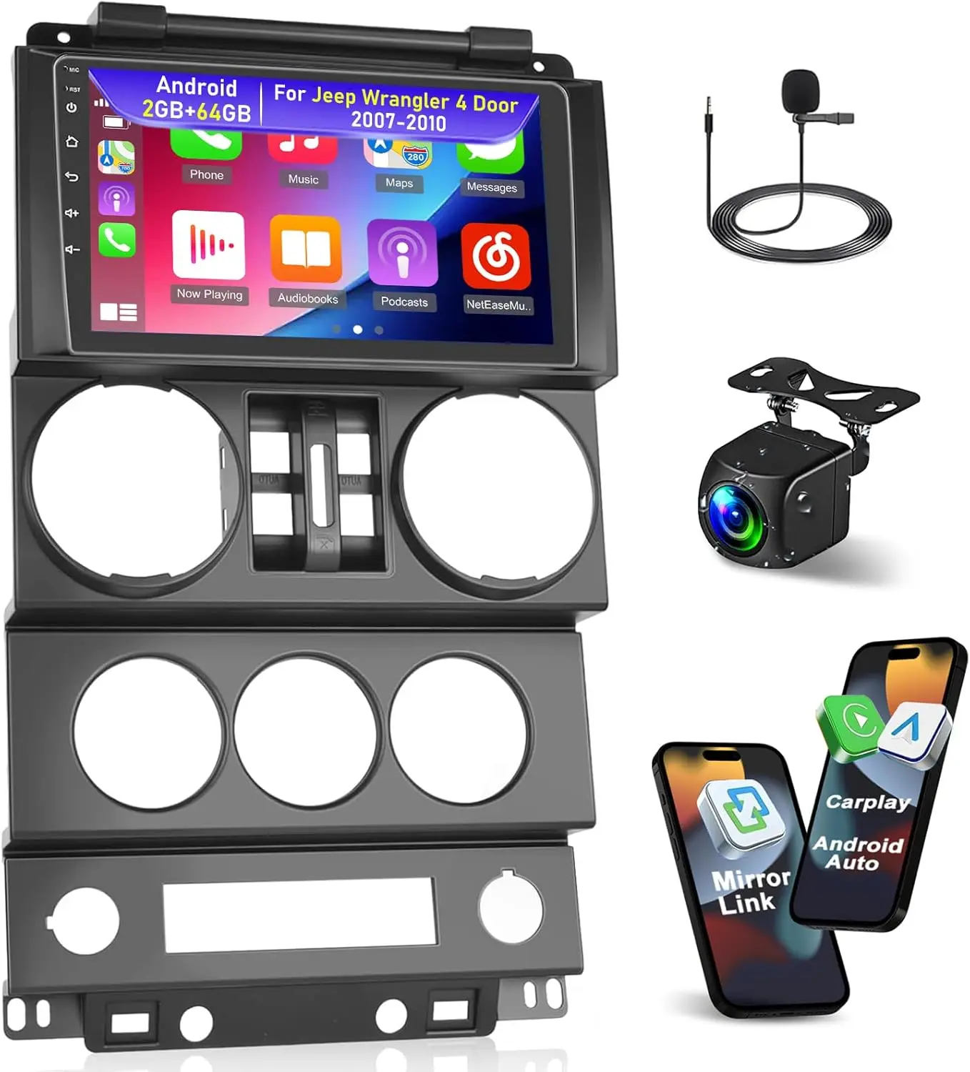 

for Jeep Wrangler 4 Door 2007-2010 with Wireless Carplay&Android Auto 9" Touchscreen Android with Hi-Fi/WiFi/AHD Backup Camera