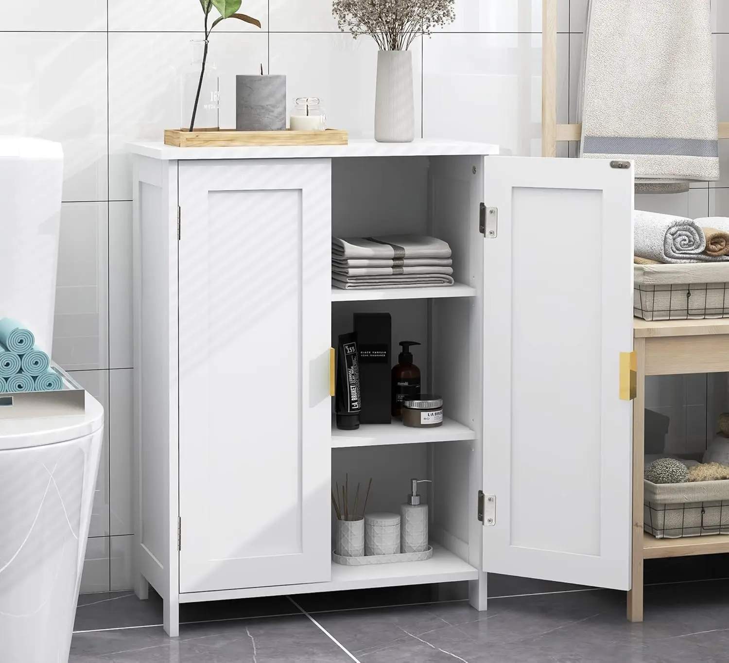 

White Bathroom Storage Cabinet with 2 Doors, Freestanding - Towel Cabinet for Restroom, Small Storage for Office, Restaurant