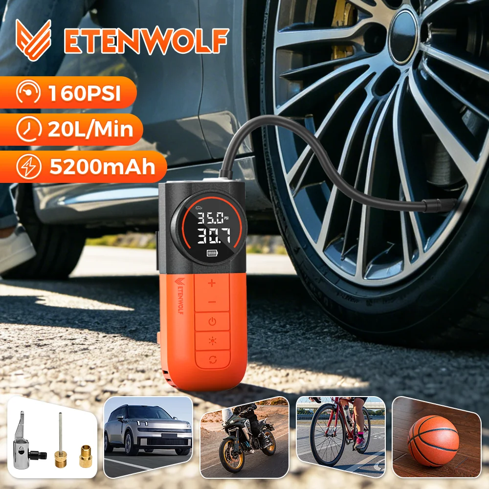 New ETENWOLF Portable Tire Inflator 5200mAh 20L/Min Car Air Compressor Suitable For Cars Motorcycles Bikes Car Air Pump