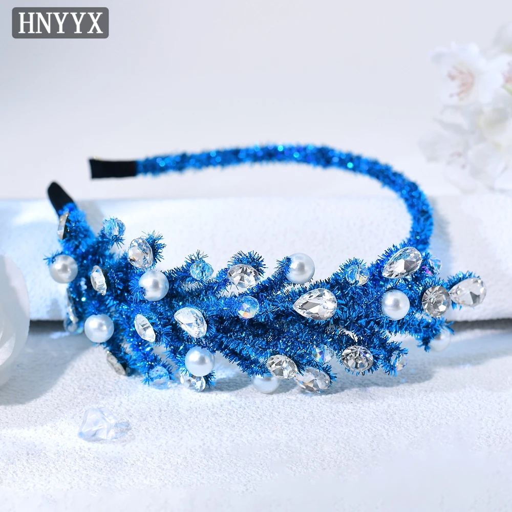 

HNYYX Pearl Rhinestone Wedding Dress Hair Accessories Blue Chenille Stem Headwear Temperament Headband Bridal Hair Jewelry A372