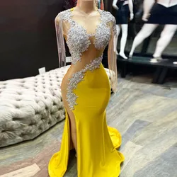 Sexy Yellow Prom Dresses 2024 Luxury for Black Girl Mermaid Illusion Bead Tassel Evening Gowns Graduation Gala Dress Customized