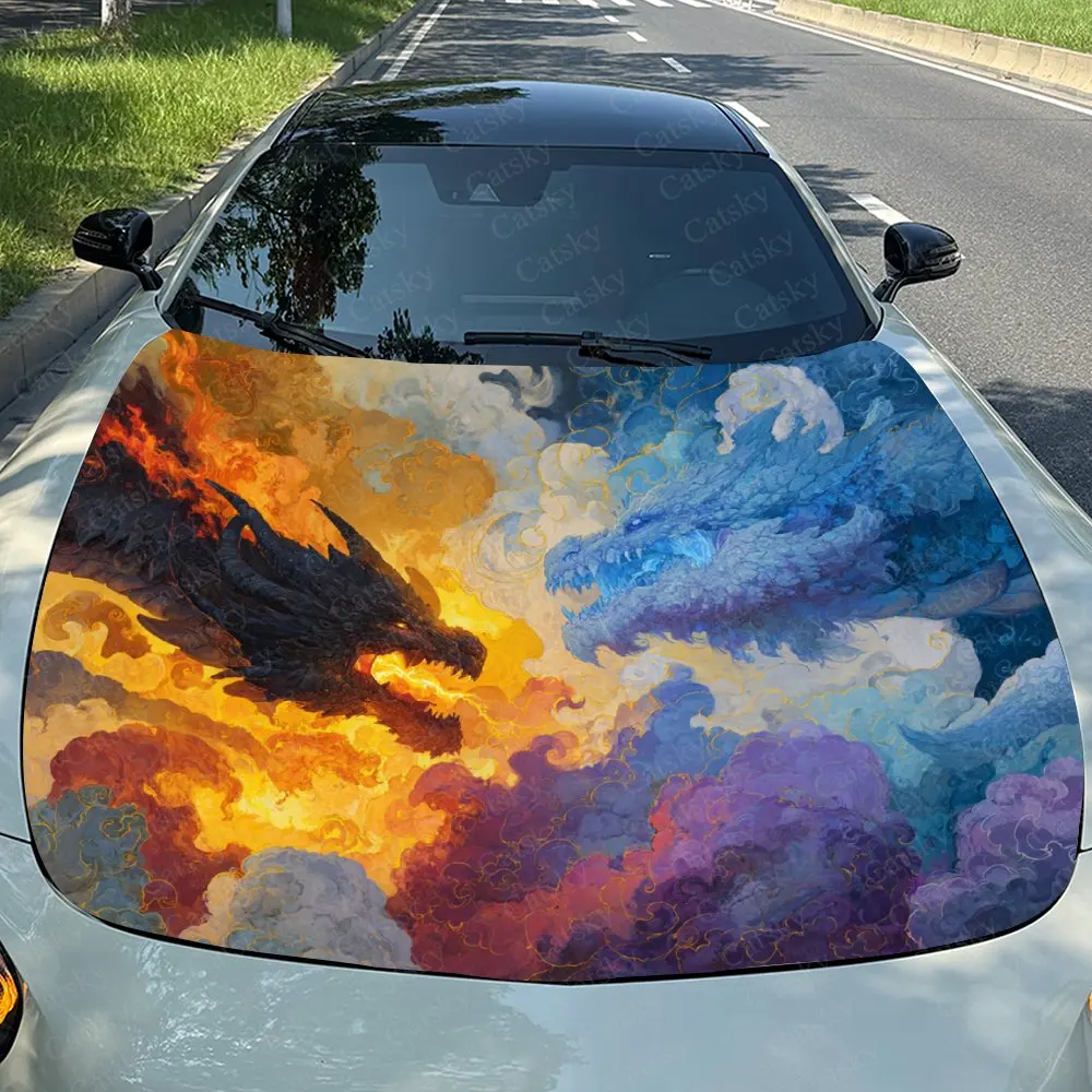 Dual Element Dragon Confrontation Car Vinyl Stickers, Car Bonnet Film, Stickers-vinyl Packaging, Suitable For Most Cars; Bubble-