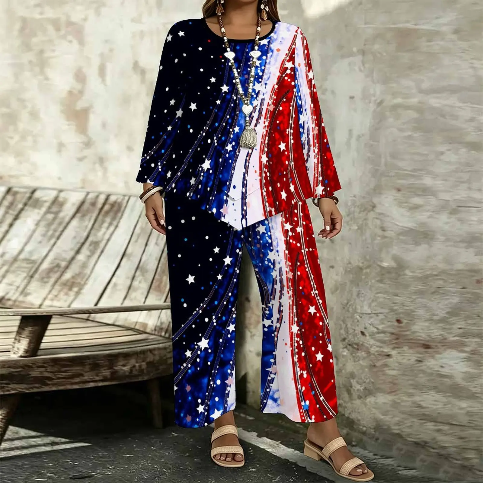 Plus Size Women Casual Print Two Piece Set Round Neck Everyday Commuting Clothes Beach Vacation Sweatpants