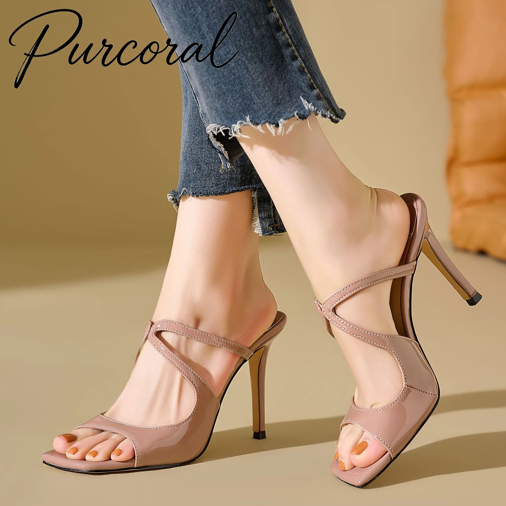 Purcoral Nude Patent Leather Mule Sandals Women Square Toe Cross Strap Stiletto High Heels Summer Party Wedding Dress Shoes