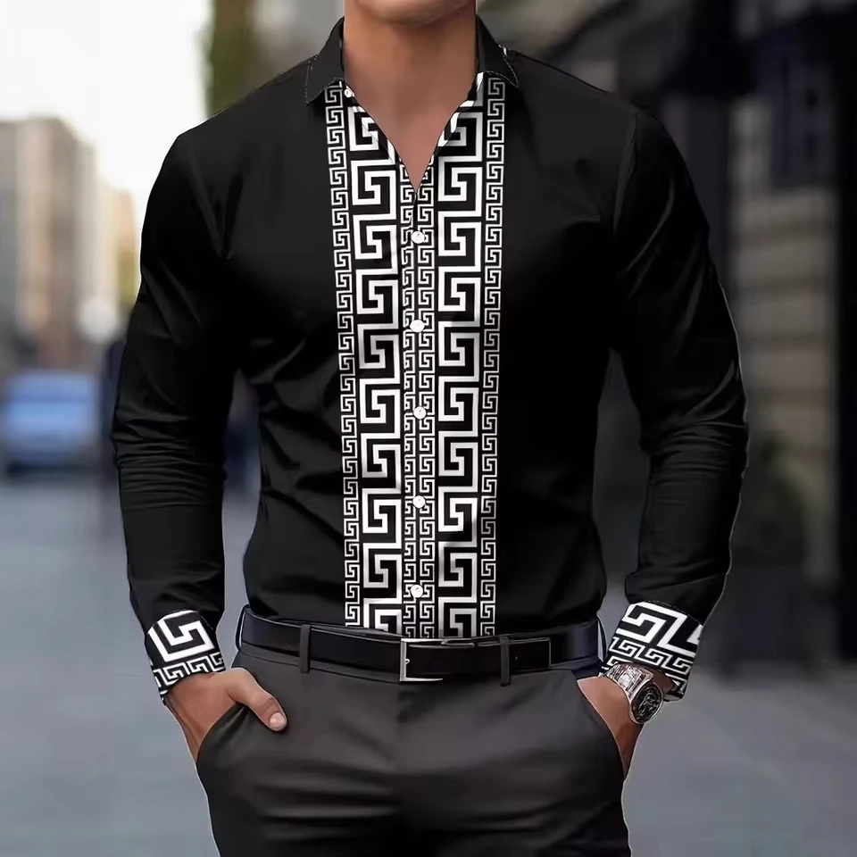 Men's Shirt Retro Men's Geometric Printed Shirt Long Sleeve Lapel Casual Top Men's Long Sleeve