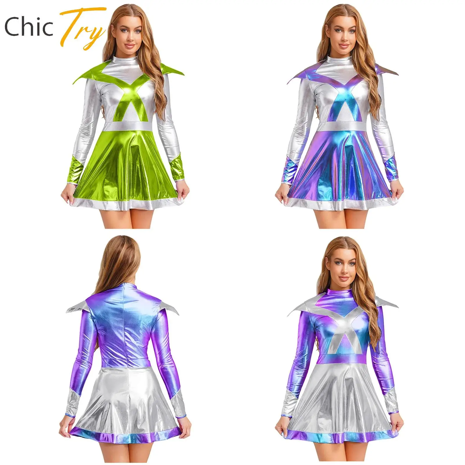 

Women's Alien Astronaut Dress Halloween Cosplay Costumes Long Sleeve with Flap Space Female Warrior Dress for Performance Party