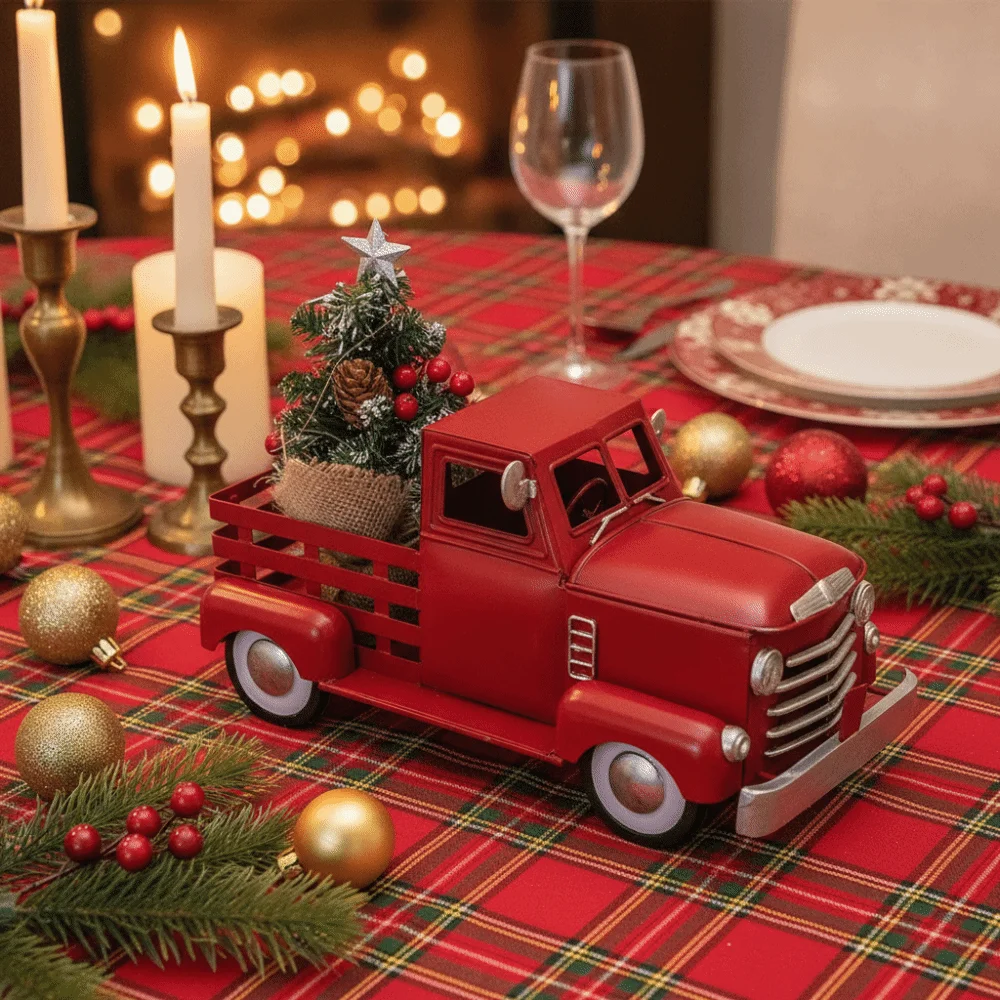 American Rustic Style Red Truck with Christmas Tree Ornament with Light Vintage Christmas Pickup Truck Statue Metal Mini