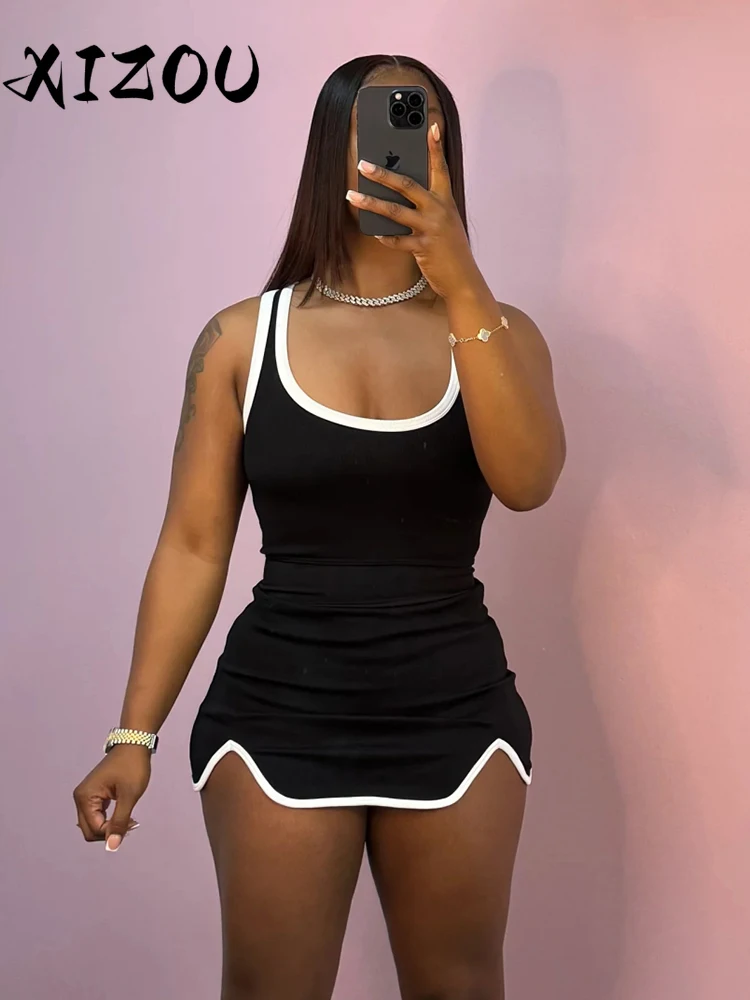 

XIZOU повседневный простой женский комплект из 2 предметов, спортивный костюм, узкие топы на бретелях + юбки с неровным подолом, одинаковые эластичные уличные наряды