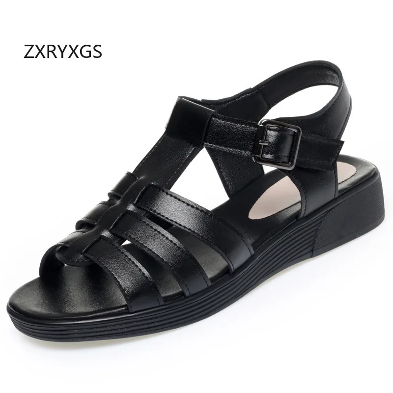 ZXRYXGS 2026 New Fashion Summer Genuine Leather Open Toe Roman Sandals Comfortable Soft Sole Flat Sandals Large Size Sandals