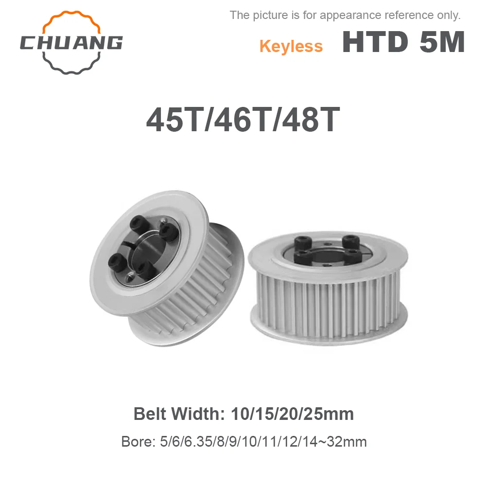 

HTD 5M 45T/46T/48Teeth Timing Pulley Keyless Bushing Bore 5/6/8/9/10/11/12/14/15~ 32mm for Belt Width 10/15/20/25mm