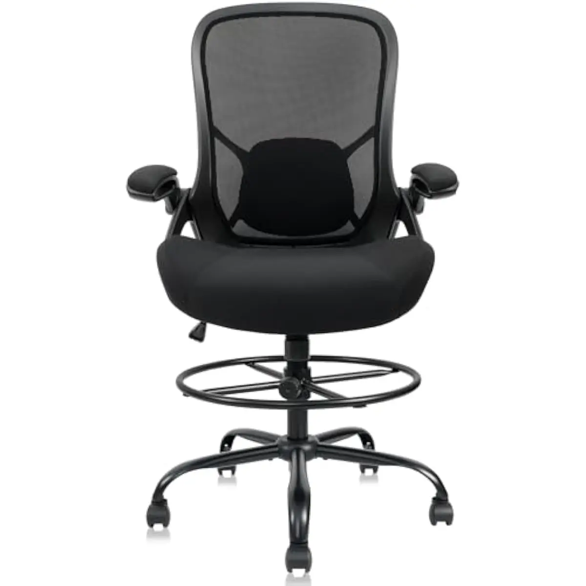 Heavy-duty drafting stool for tall users • 41–49 inch height adjustment • breathable mesh back • 5-inch thick contoured seat • f