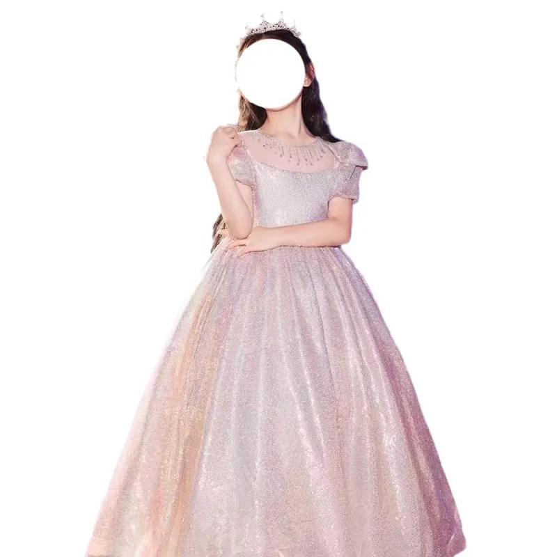 Girl's Pink Dress Spring Princess Dress Children's Light Luxury High-End Little Host Piano Performance Costume Big Children