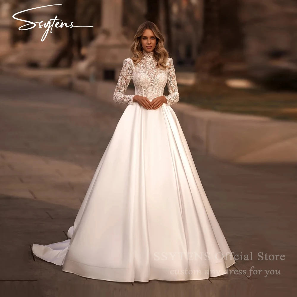 

SSYTENS Long Sleeve Wedding Dresses 2026 High Neck Elegant Bridal Gowns Satin Women Vintage Princess Brides Dresses Customized