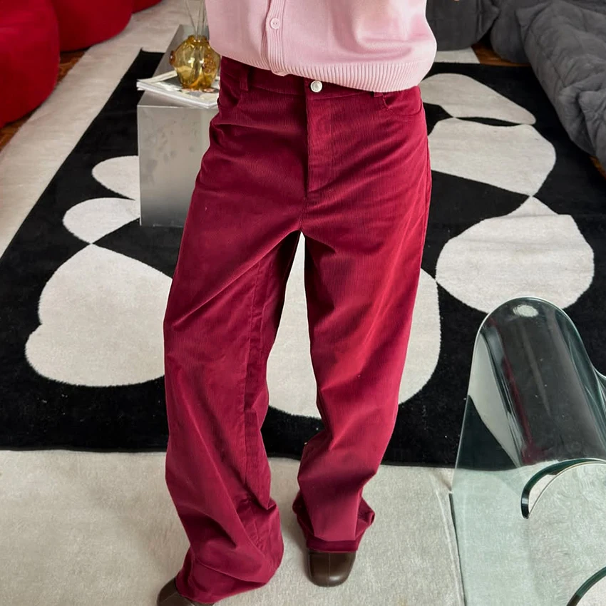 Linad Autumn Street Chic Red Corduroy Trousers Female Vintage Zipper Straight Pant Women 2026 Office Lady Slim Long Pants Button
