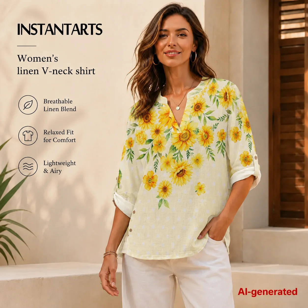 INSTANTARTS Women's Linen V-Neck Shirt Blouses Big Size Women Top Sunflower Plus Size Women T Shirts Women Elegant Shirts S-3XL