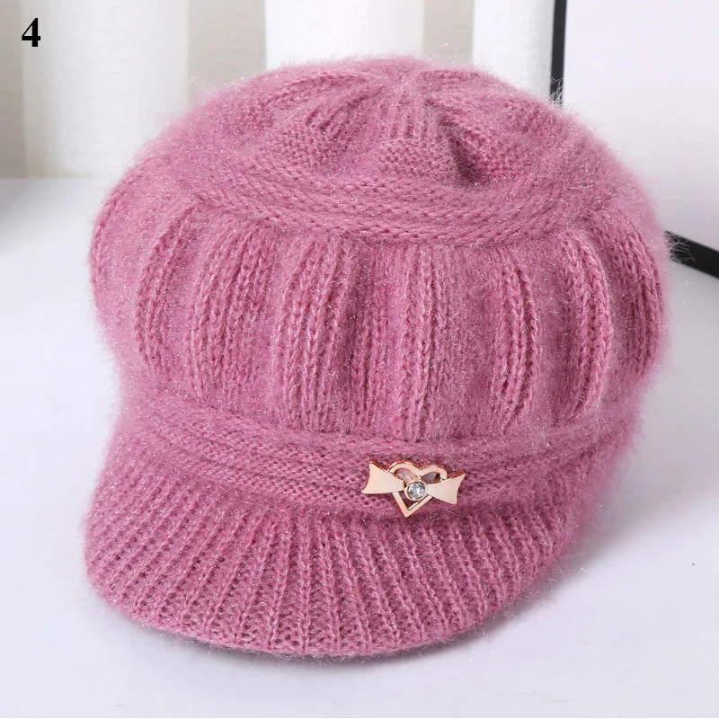 Women Rabbit Fur Winter Hats Thicker Short Brim Knitted Cap Girls Autumn Winter Metal Embellish Solid Hat Warm Wool Cap Gorras