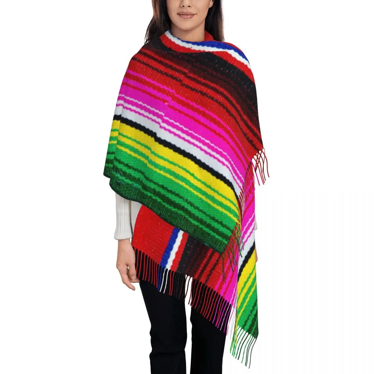 Rainbow Mexican Serape Scarf for Women Winter Fall Cashmere Shawls and Wrap Boho Long Large Scarves with Tassel for Ladies