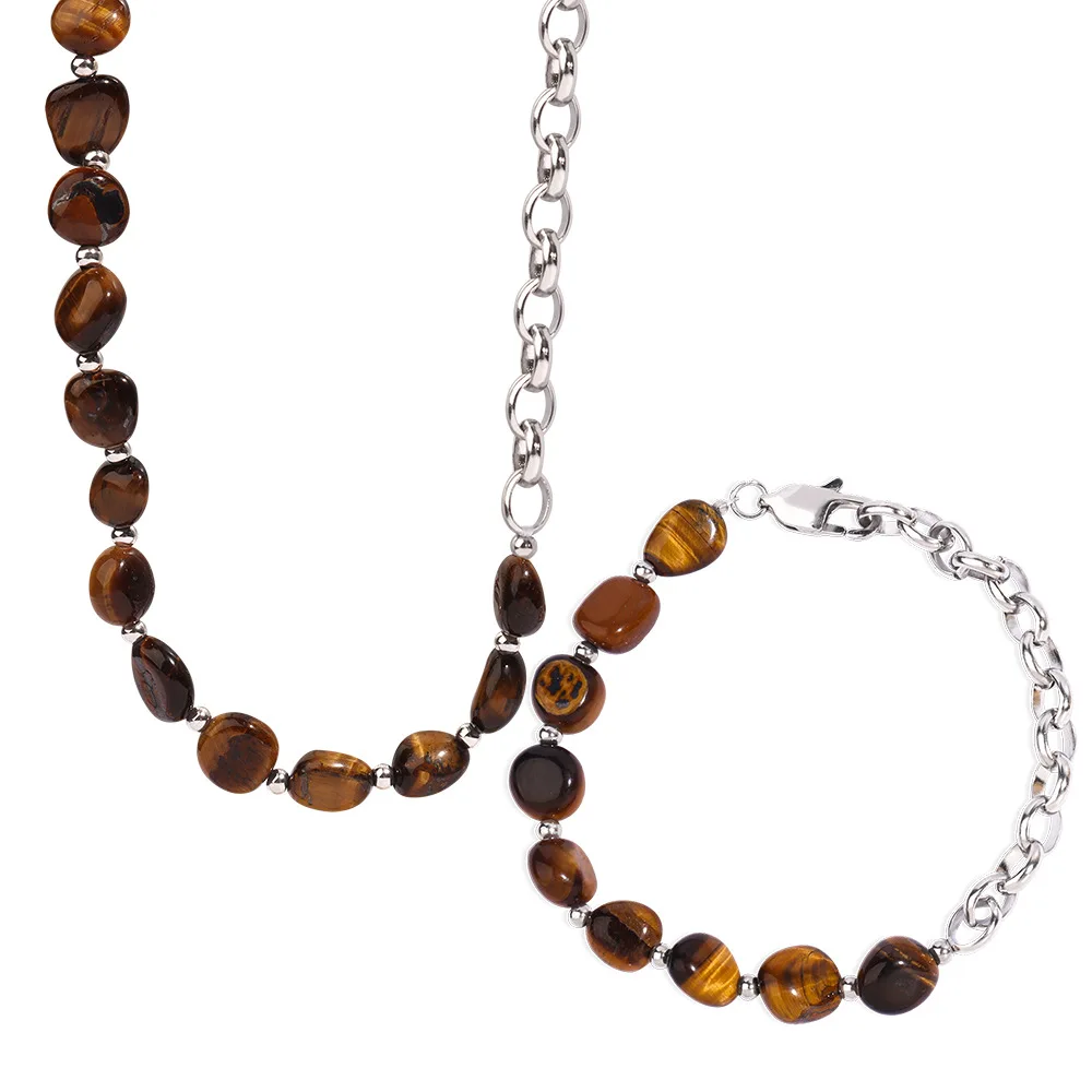 Tiger Eye Stone Womens Bracelets Necklace Set Stainless Steel Charm Bead Jewelry Sets Unisex Link