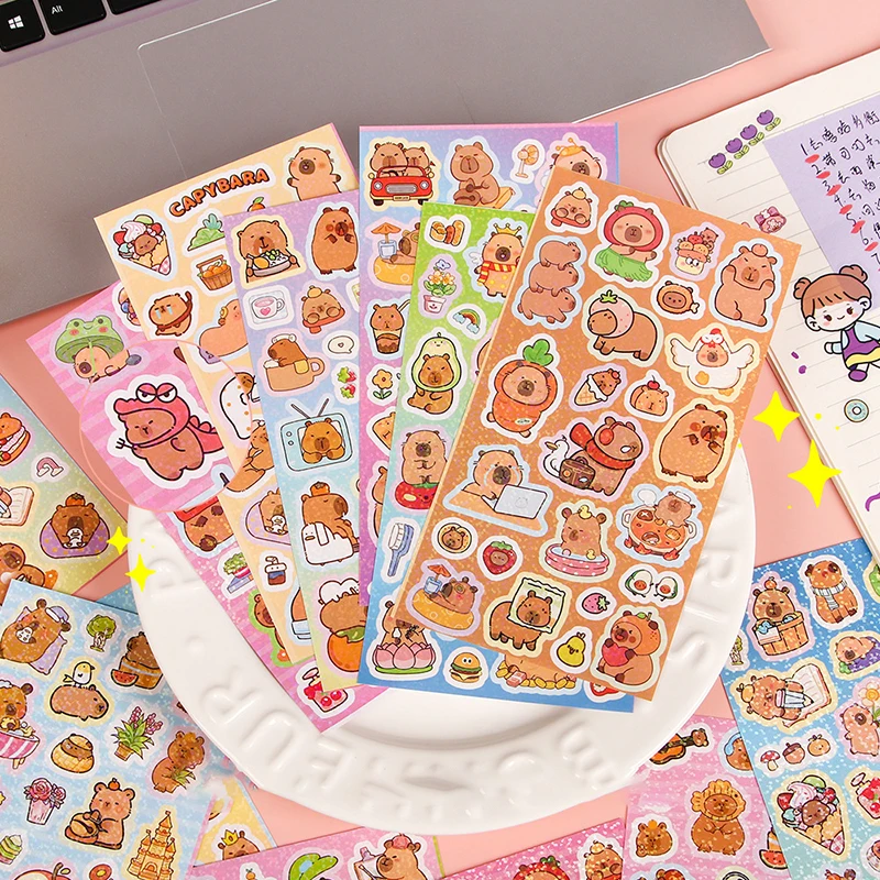 5Sheets Cartoon Cute Capybara Stickers Waterproof Decorative Stickers Creative Kawaii DIY Phone Case Water Cup Stickers Gifts