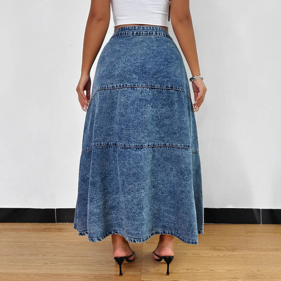 Falda vaquera de retazos en capas de talla grande para primavera y verano. Falda larga de cintura alta con diseño de una sola botonadura a la moda para mujer