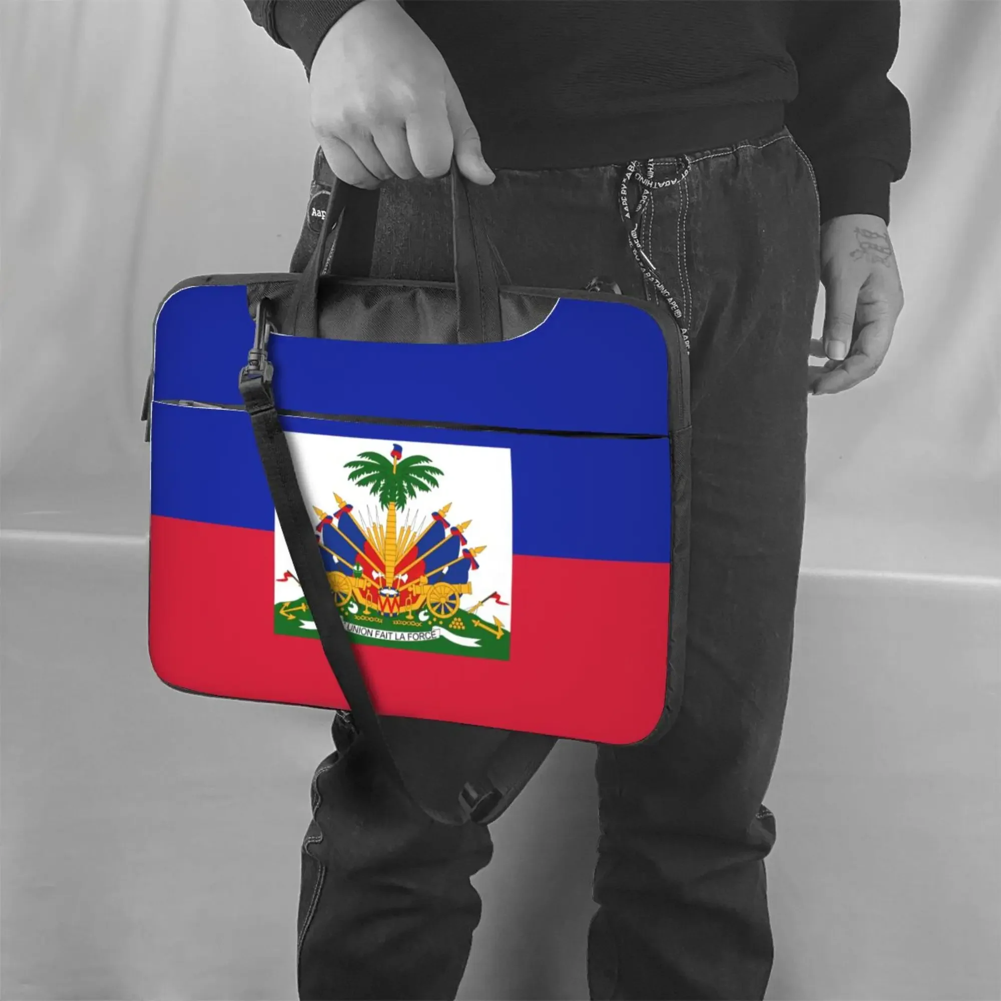 حقيبة كتف للكمبيوتر المحمول مطبوعة بعلم هايتي، حقيبة كمبيوتر محمول ماك بوك نتبووك، غطاء للكمبيوتر الشخصي مع مقبض يناسب 13/14/15.6 بوصة