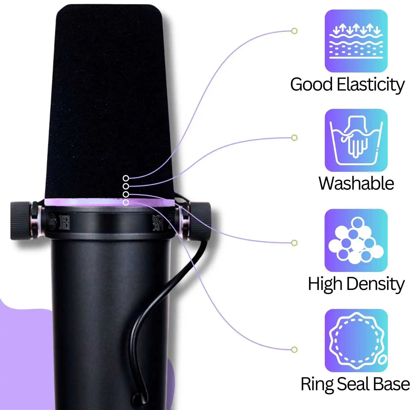 SM7dB Pop Filter Windscreen High-Density Foam for Shure SM7B, MV7, SM7dB Mic Cover with Violet Glow Collar Ring, for Podcast