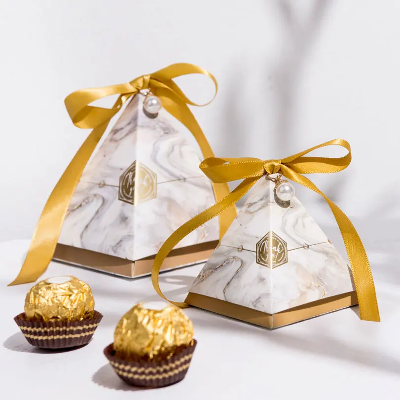 New Triangular Pyramid Candy Box Marble Wedding Favors and Gifts Boxes Chocolate Box for Guests Giveaways Boxes Party Supplies