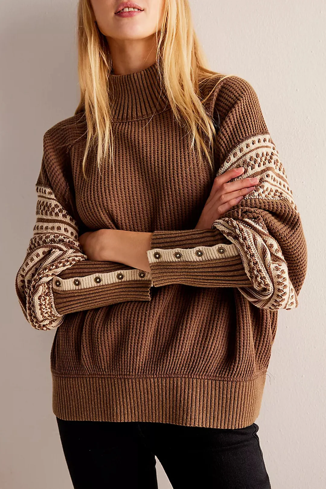 Women's Autumn Winter Knitted Color-block Half High Collar Sweater Pullover