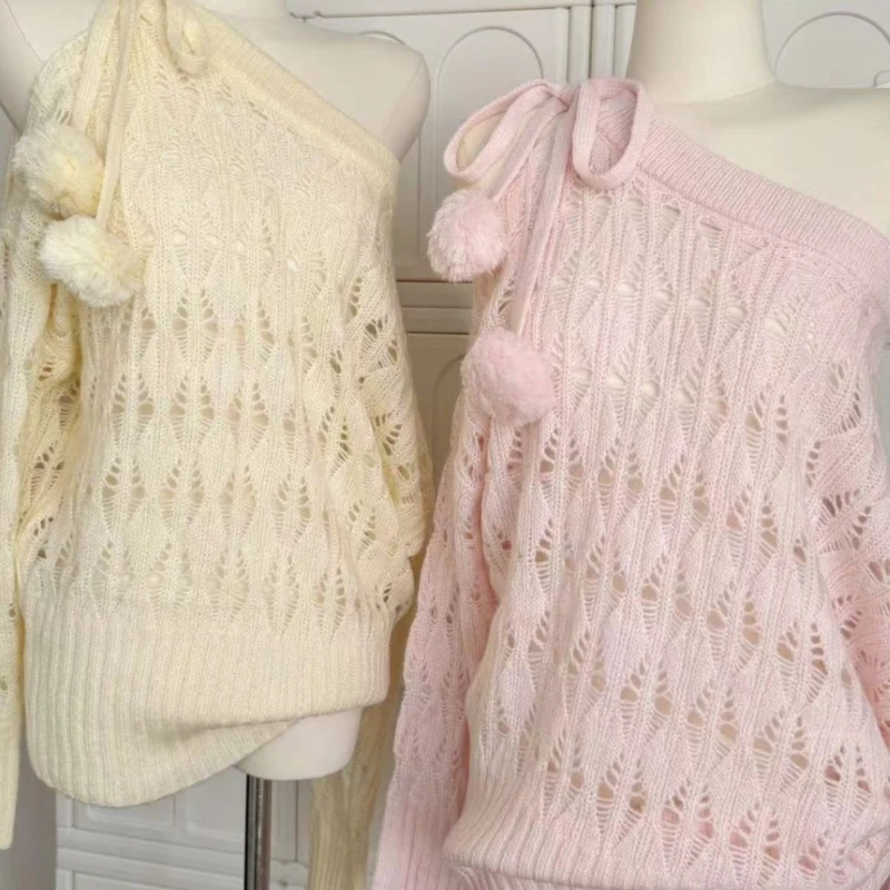 ディープタウン甘いセクシーな中空ニットプルオーバー女性オフショルダー和風エレガントなセーターかわいいロリータレースアップジャンパー