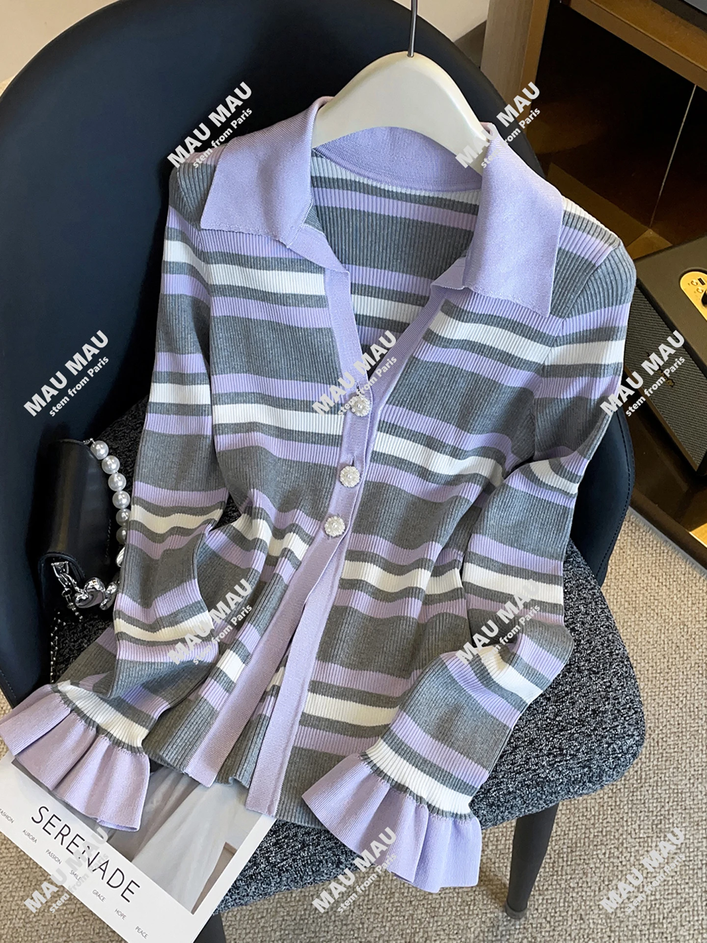 

Ele Women's Knitted Open Cardigan with Bell Sves And Stripes in Commute Sle for Autumn Season Regular Fit Long Sve