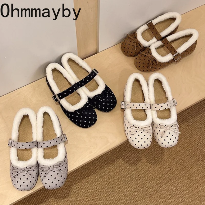 Internal Elevation Women Square Toe Mary Jane Shoes Polka Dot Strap Casual Flat Shoes Ladies Winter Warm Short Plush Dress Shoes