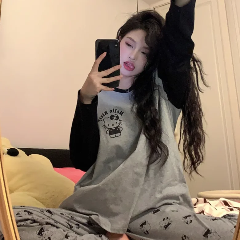 Sanrio Kawaii Hello Kitty Printed Long-sleeved Pyjamas Kuromi Anime Cartoon New T-shirt and Trousers Loungewear Set Casual Suits