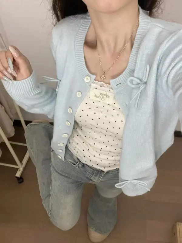 Korean Fashion Kawaii Cardigan Women Harajuku Blue Long Sleeve Tops Coquette Aesthetic Shirts Korean Style Summer Clothes