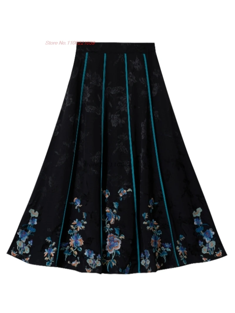 2025 китайская винтажная этническая юбка с цветочной вышивкой, традиционная атласная жаккардовая юбка с эластичной резинкой на талии, ретро-трапеция, народная юбка