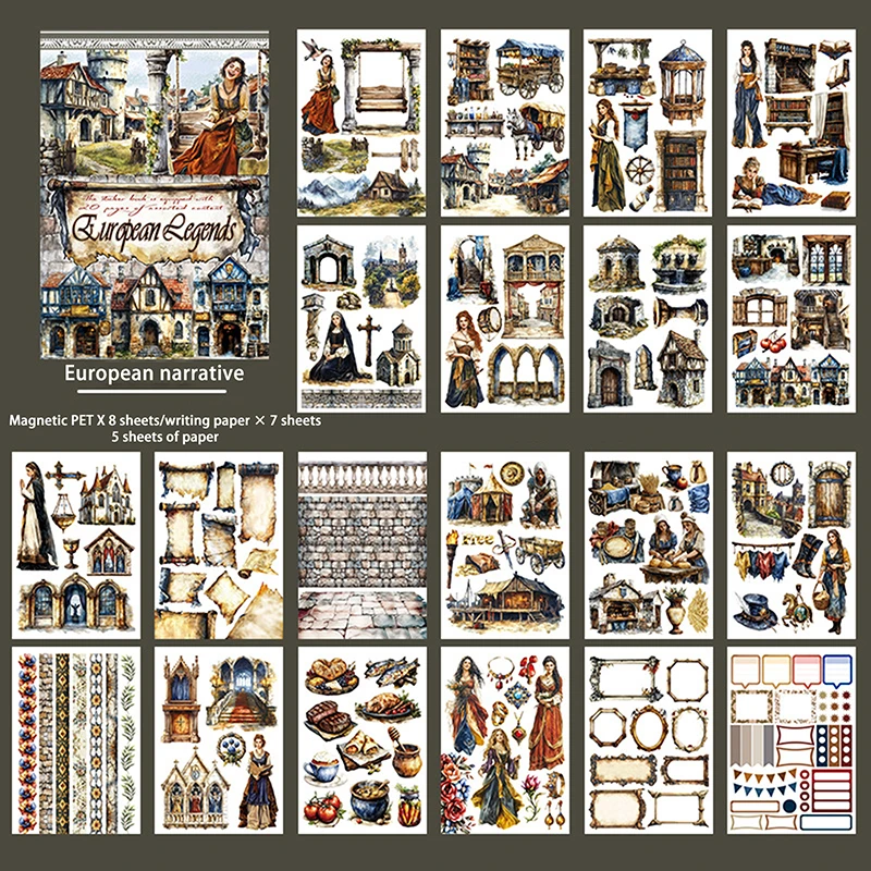 20 Vellen Retro Waterdicht Voorgesneden Groot Formaat Karakterboek PET Sticker Set Creatieve A5 Landschap Karakter Sticker Cadeau