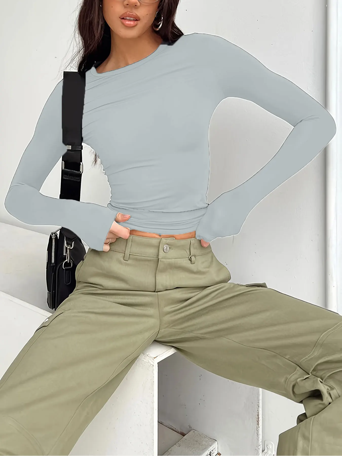 Damen-T-Shirt für Pendlerinnen, lässig, schlicht und modisch, einfarbig, mit langen Ärmeln – Detail 15