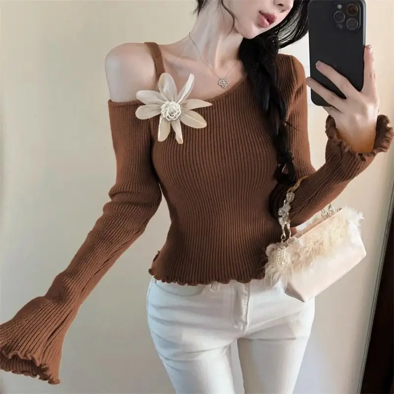 

Sweaters Jumpers Pullovers Women Colorful Gothic Softy Femme Semi-Fitted Coffee Sexy Date Feminine Pretty Floral Solid Autumn BF