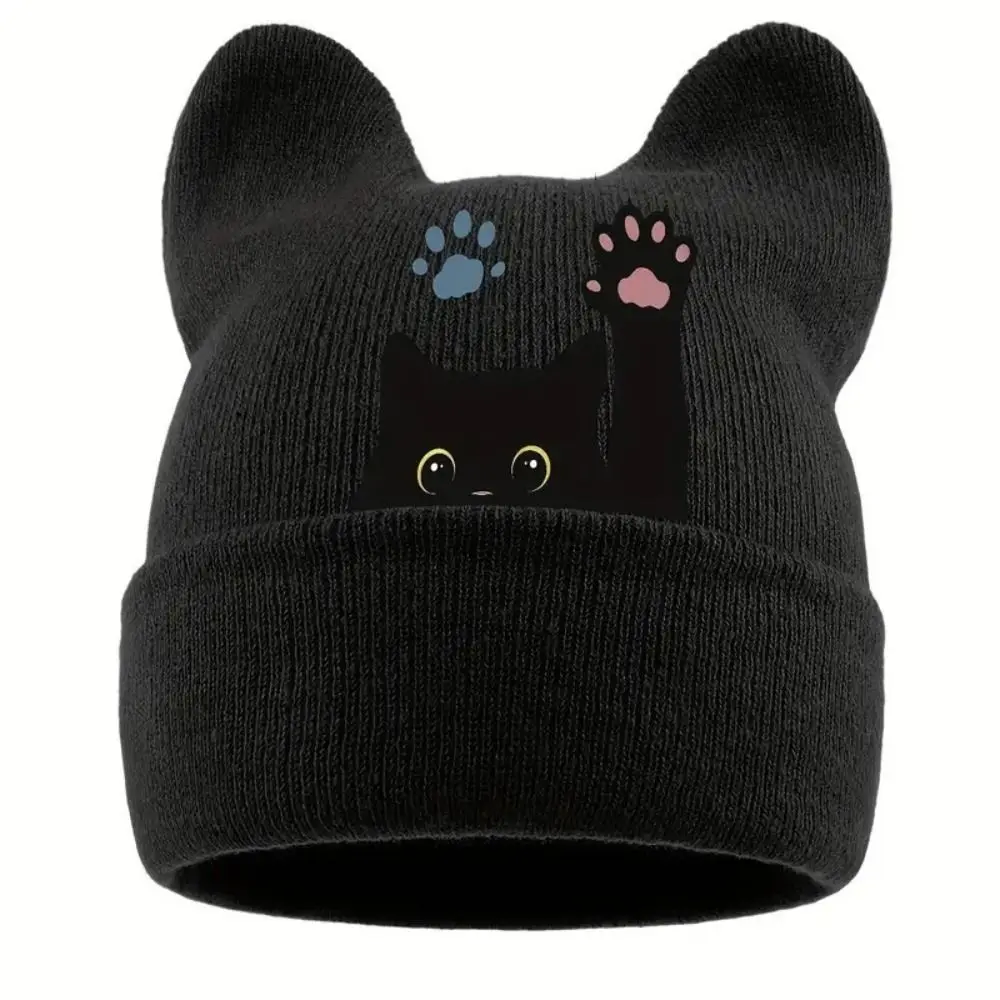 New Knit Cat Ear Beanie Hat Y2K Harajuku Stretchable Winter Knit Hat Punk Gothic Pullover Hat Women and Men