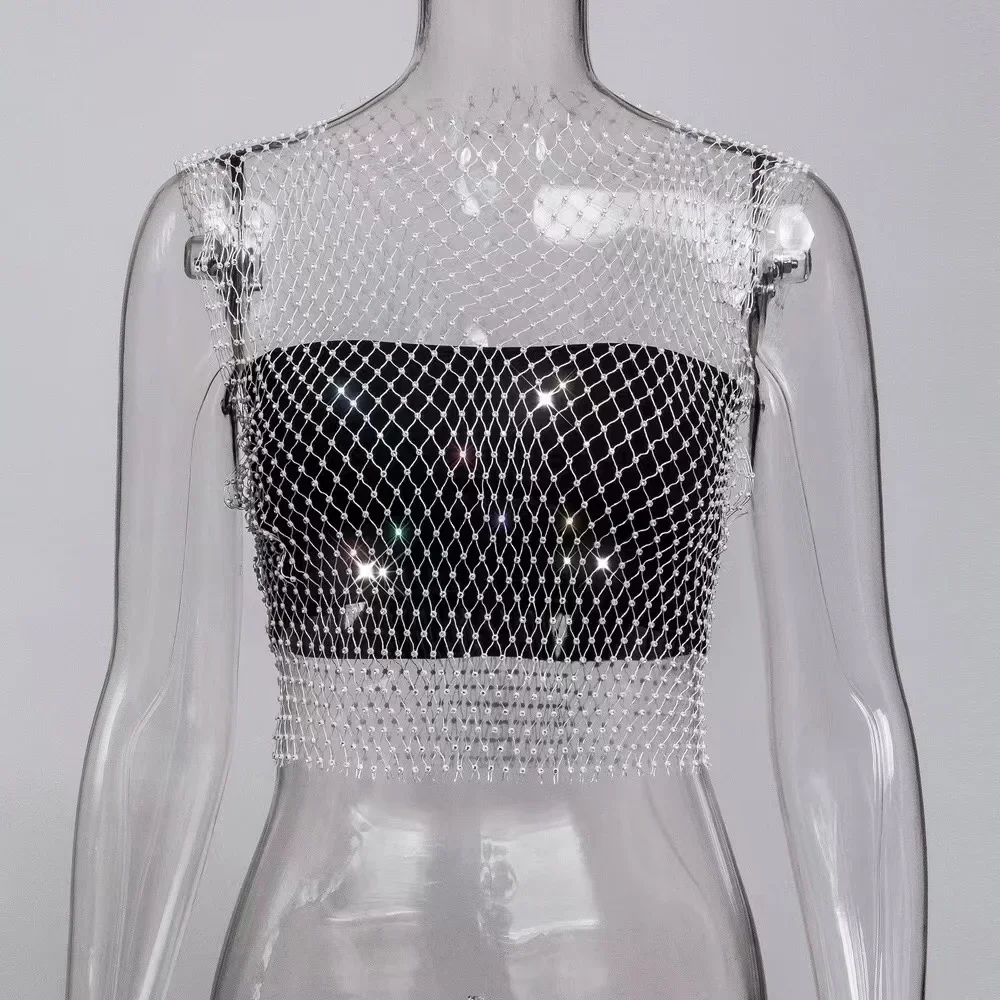 Maglia Sexy See Through Vest per le donne Summer Shiny strass Fishnet Hollow Out Crop Top Beach Cover Up Party Club canotte