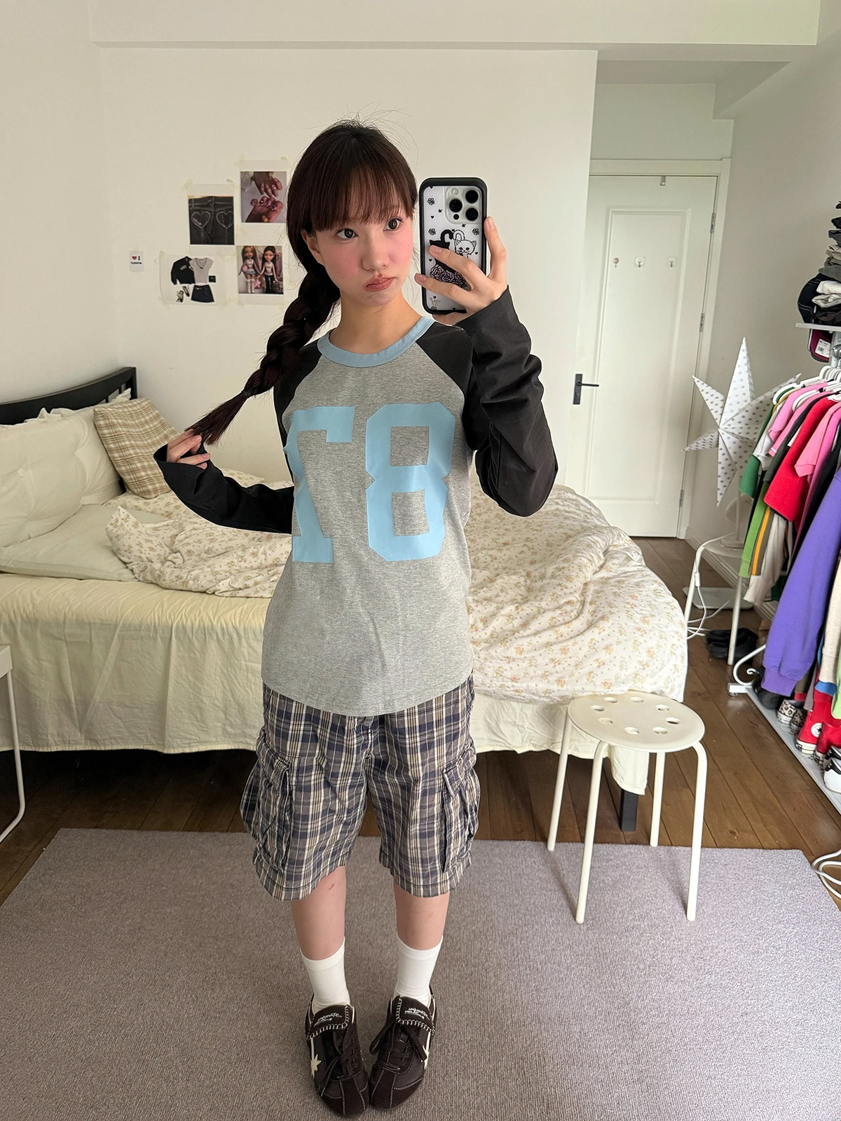 Sakura Grey Contrast Color Block Shoulder Long Sleeve round Neck T-Shirt Casual American Style Print Versatile Base Layer Shirt