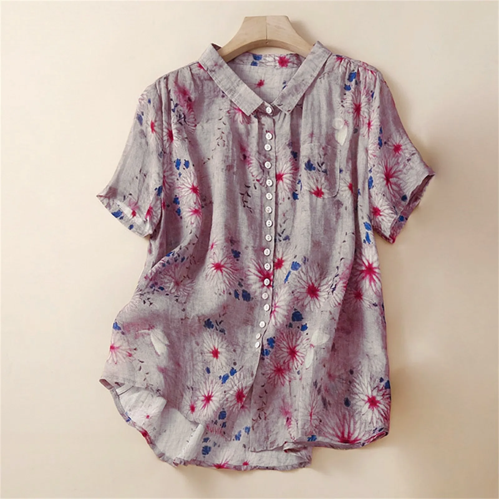 Vintage Floral Print Short Sleeve Button Up Breathable Cotton Linen Shirt Oversize Denim Shirt for Women