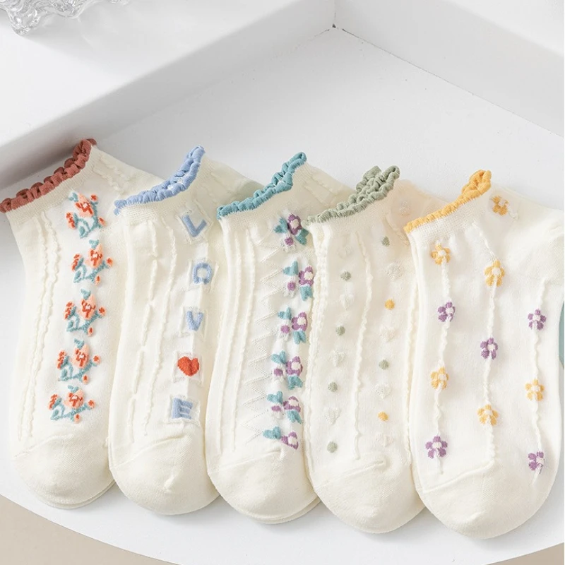 10 Pairs Women's spring summer Cartoon Cute Flower Checkered Striped Looped Socks Fashionable versatile short socks