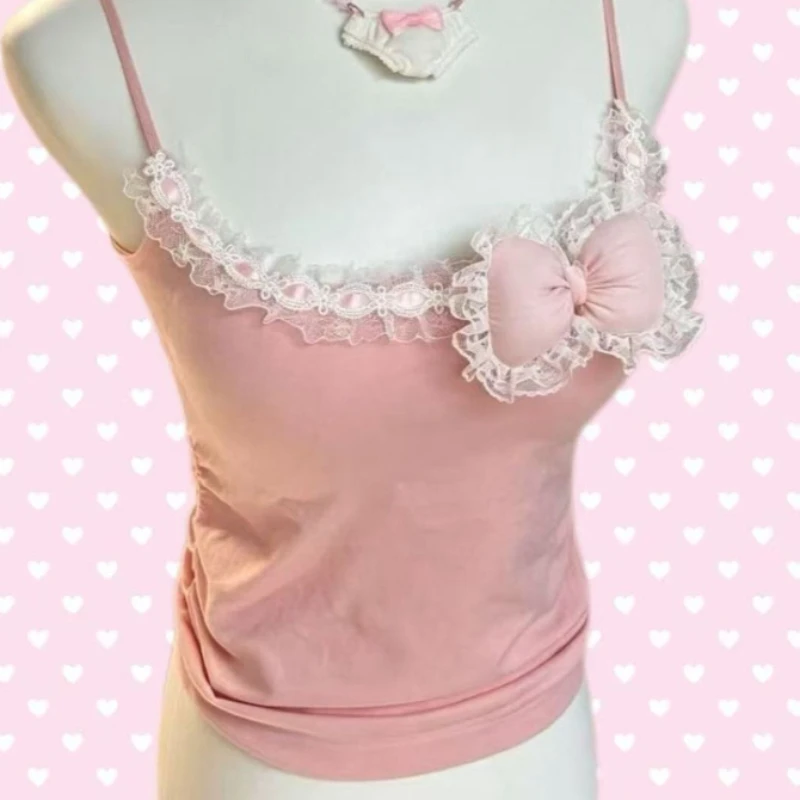 Pink Cute Lolita Style Tanks Women Kawaii Sweet Lace Patchwork Bow Slim Strap Summer Girls Y2k Japanese Fashion Sleeveless Tops
