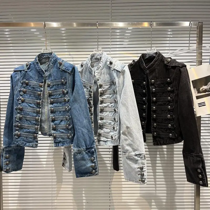 

Autumn New Classic Metal Rib Buckle Design Shoulder Strap Washed Denim Short Jacket Same Style As Internet Celebrities