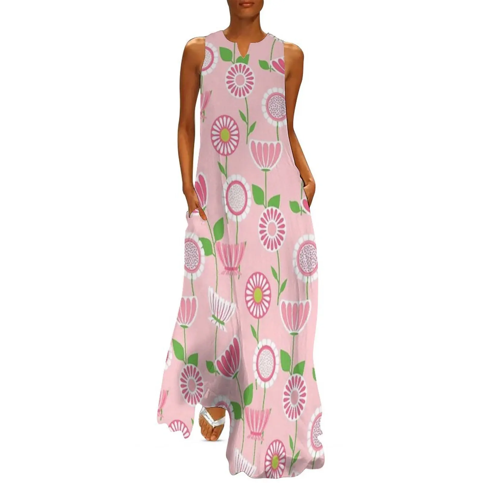 

Mid Century Modern Flower Pattern Design - Pink & Green Long Dress summer woman dress 2025 birthday dress for women Beachwear