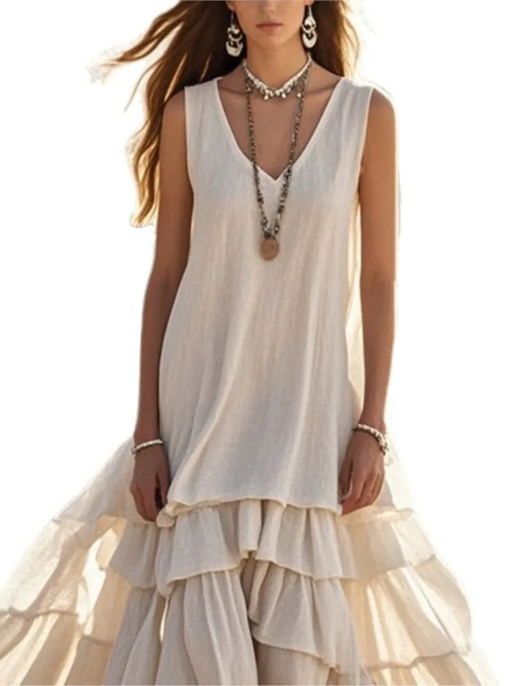 Retro Cotton Linen Pleated Long Dress Woman Spring Fashion V Neck Loose Maxi Dress Summer Solid Sleeveless Tank Boho Beach Dress