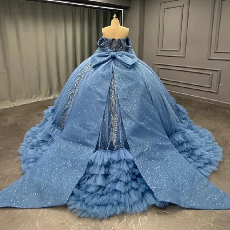 الأزرق الداكن لامعة الكرة ثوب فساتين Quinceanera قبالة الكتف زين الدانتيل الخرز القوس المتدرج تول حفلة عيد ميلاد الحلو 16 فستان