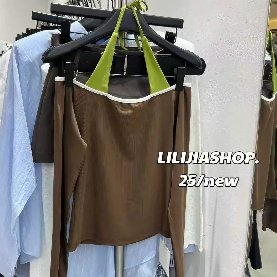 

Wholesale Vintage Halter T Shirts Women Fake Two Pieces Sets Autumn Solid Top Hot Sweet Slim Base Long Sleeve T Shirt