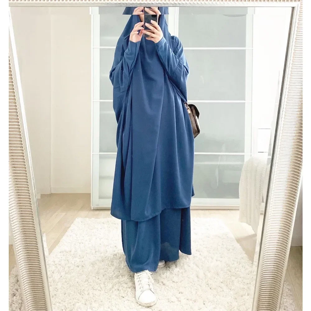 Abaya bertudung Lebaran wanita 2 potong Set doa garmen atasan rok setelan pakaian Islam Abaya Ramadan Khimar Full Cover Kaftan Dress