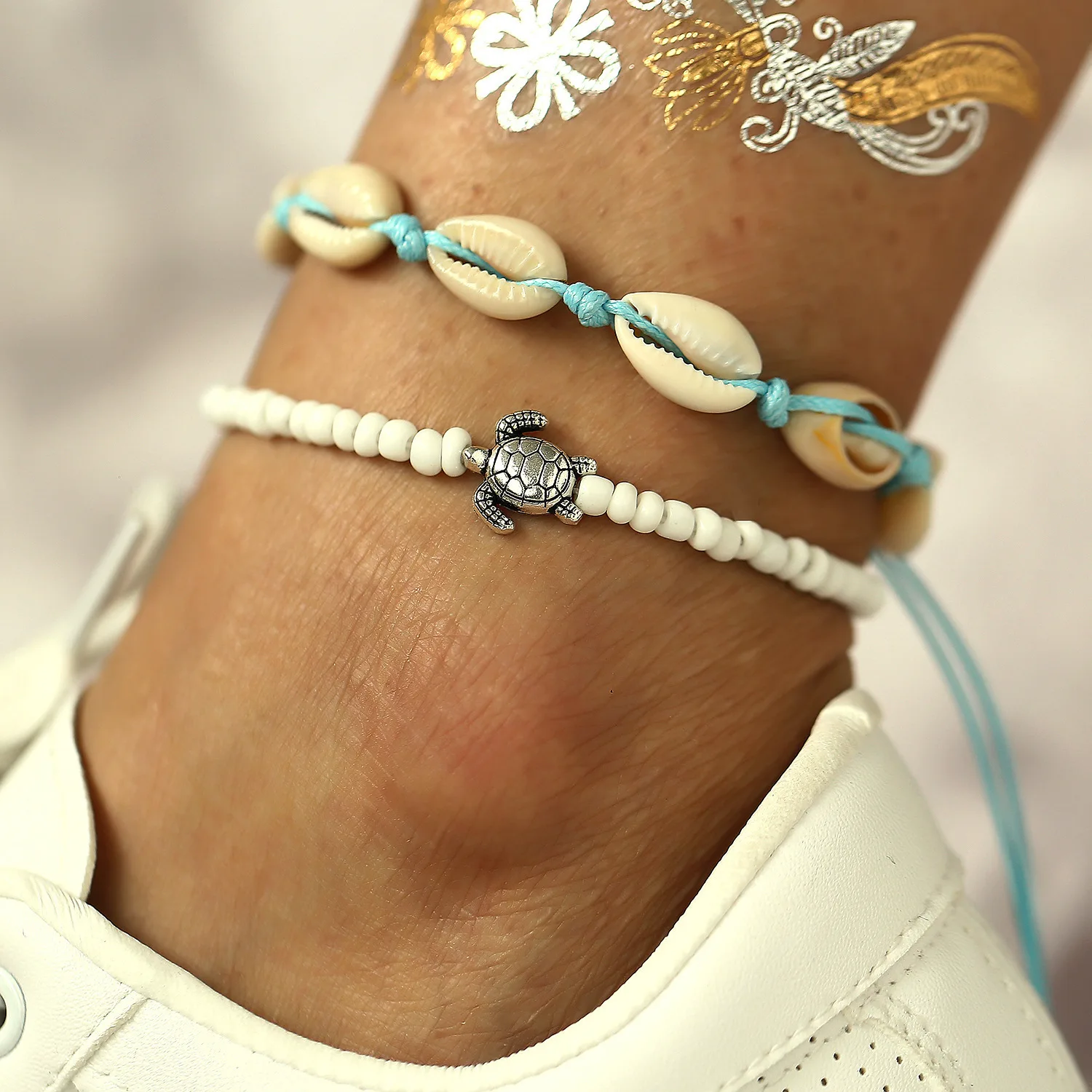 2pcs/set Summer Ocean Beach Anklet Bohemian Retro Turtle Beaded Handmade Anklet & Bracelet 2025 New Trendy Leg Foot Jewelry Gift